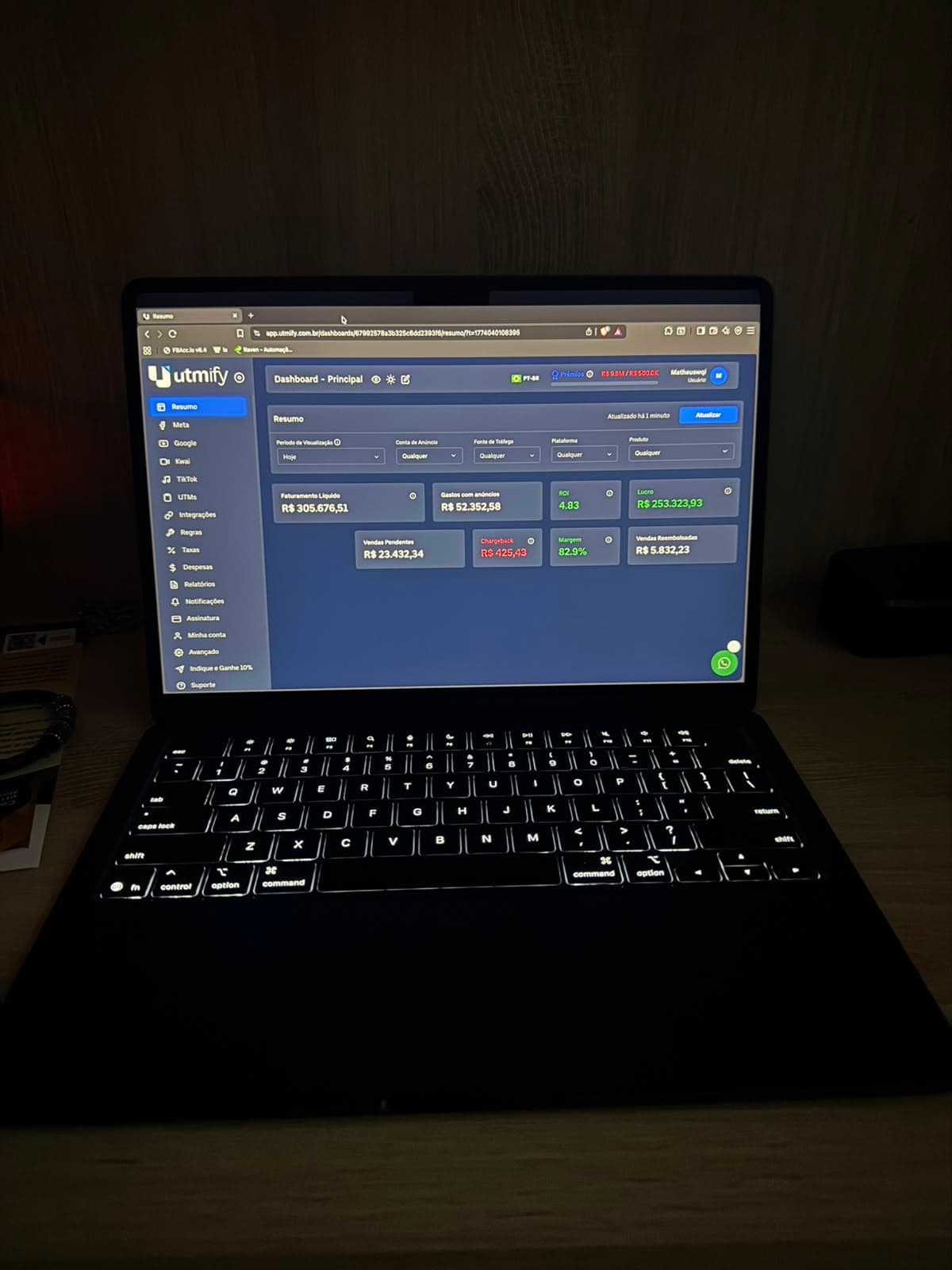 Dashboard da Utmify mostrando R$305 mil em faturamento e ROI de 4,83