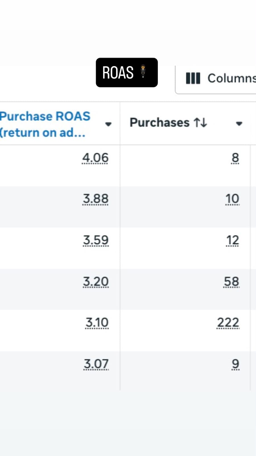 Tabela de ROAS das campanhas no Ads Manager