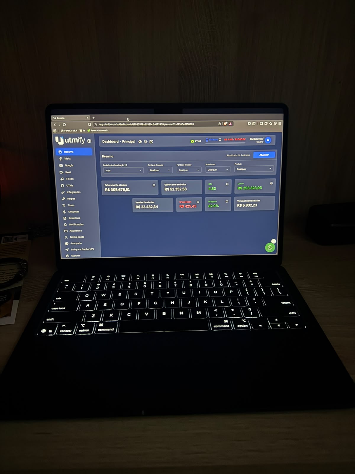 Dashboard Utmify com faturamento de R$ 305 mil e ROI 4.83